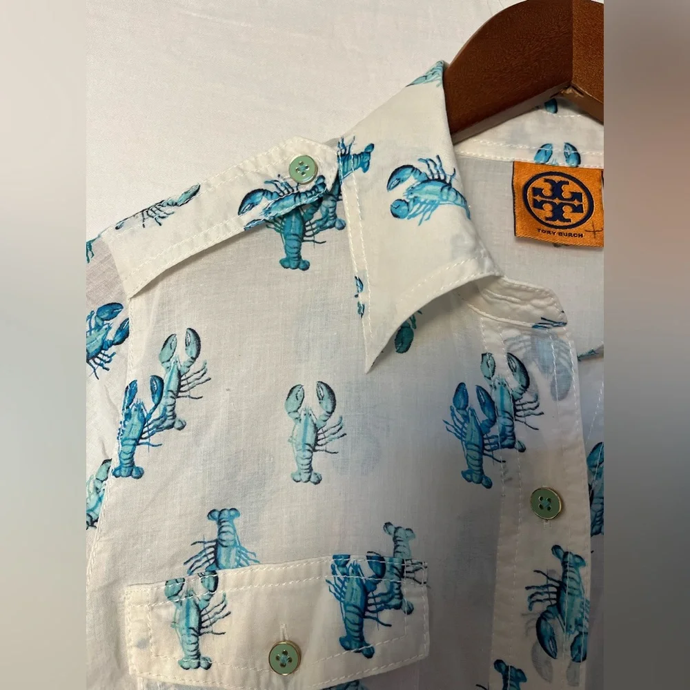 Tory Burch Women’s Brigitte Lobster Print Button Up Shirt - White/Turquoise- 2